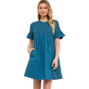 English Factory NWT Women’s Mix Media Cotton Barbie Doll Mini Dress Teal Size S